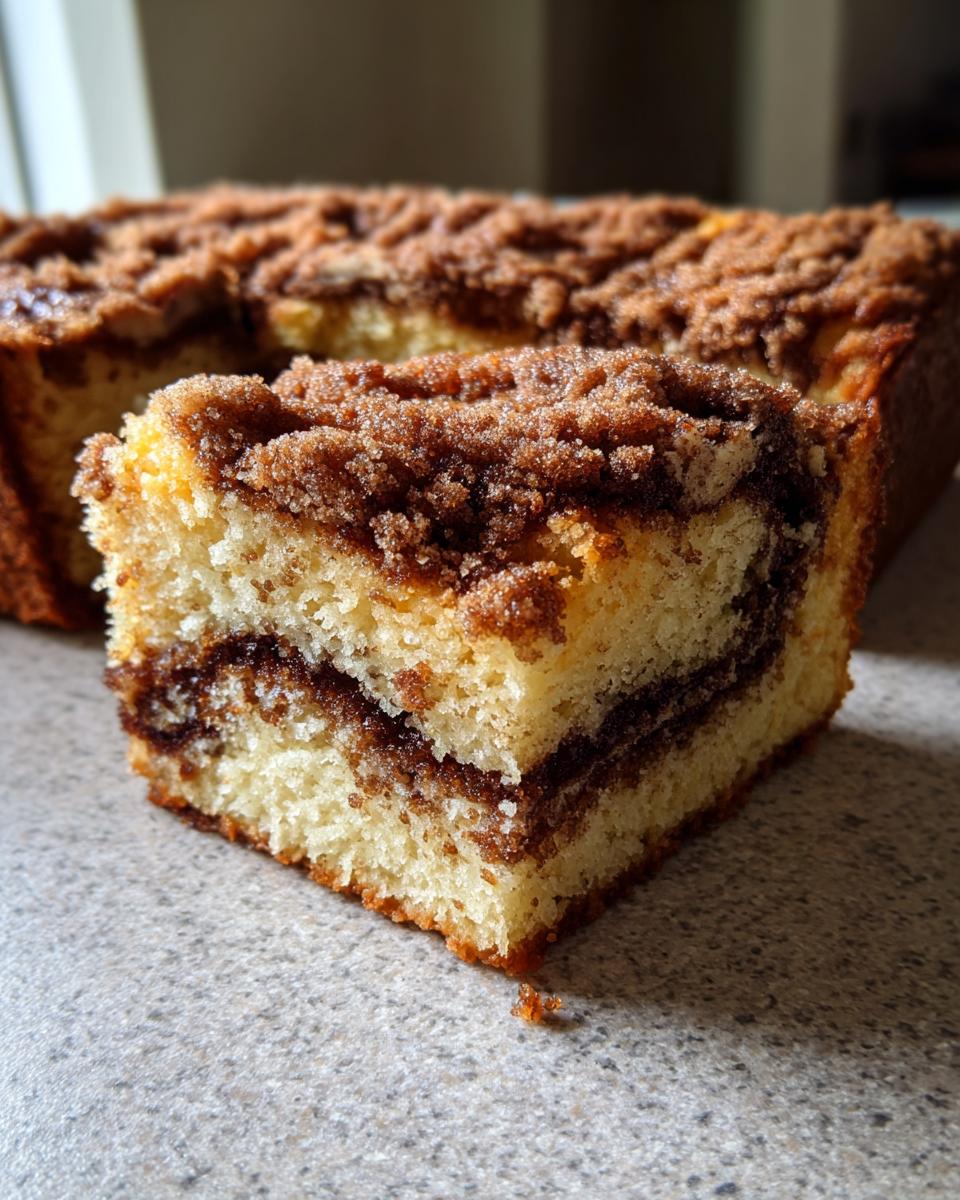 Close-up of a moist slice of coffee cake showing a rich cinnamon swirl layer and crumb topping.
