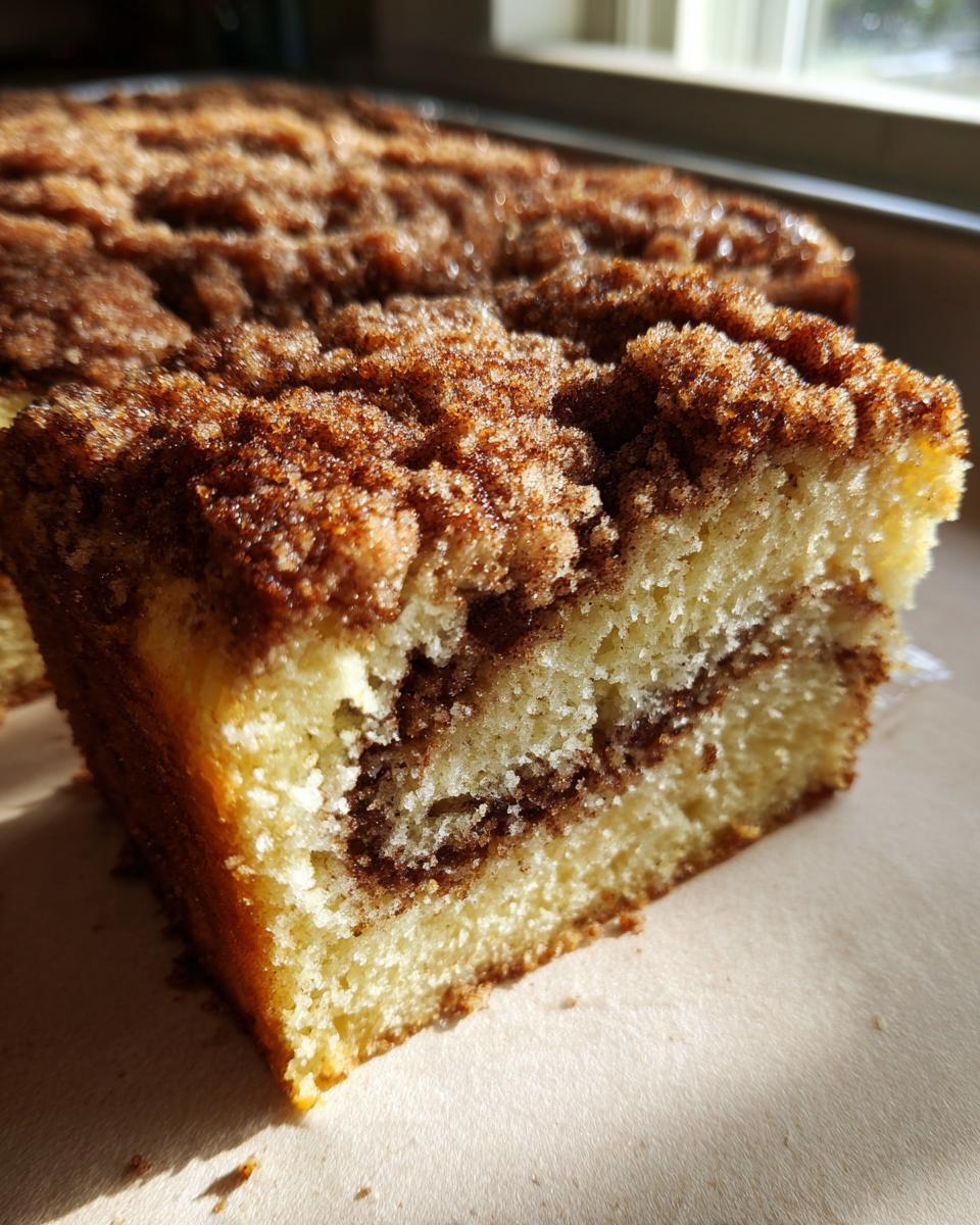 Close-up of a moist slice of coffee cake showing the yellow crumb, cinnamon swirl, and thick streusel topping.