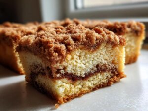 Close-up of a moist slice of coffee cake showing the light crumb, cinnamon swirl, and thick streusel topping.