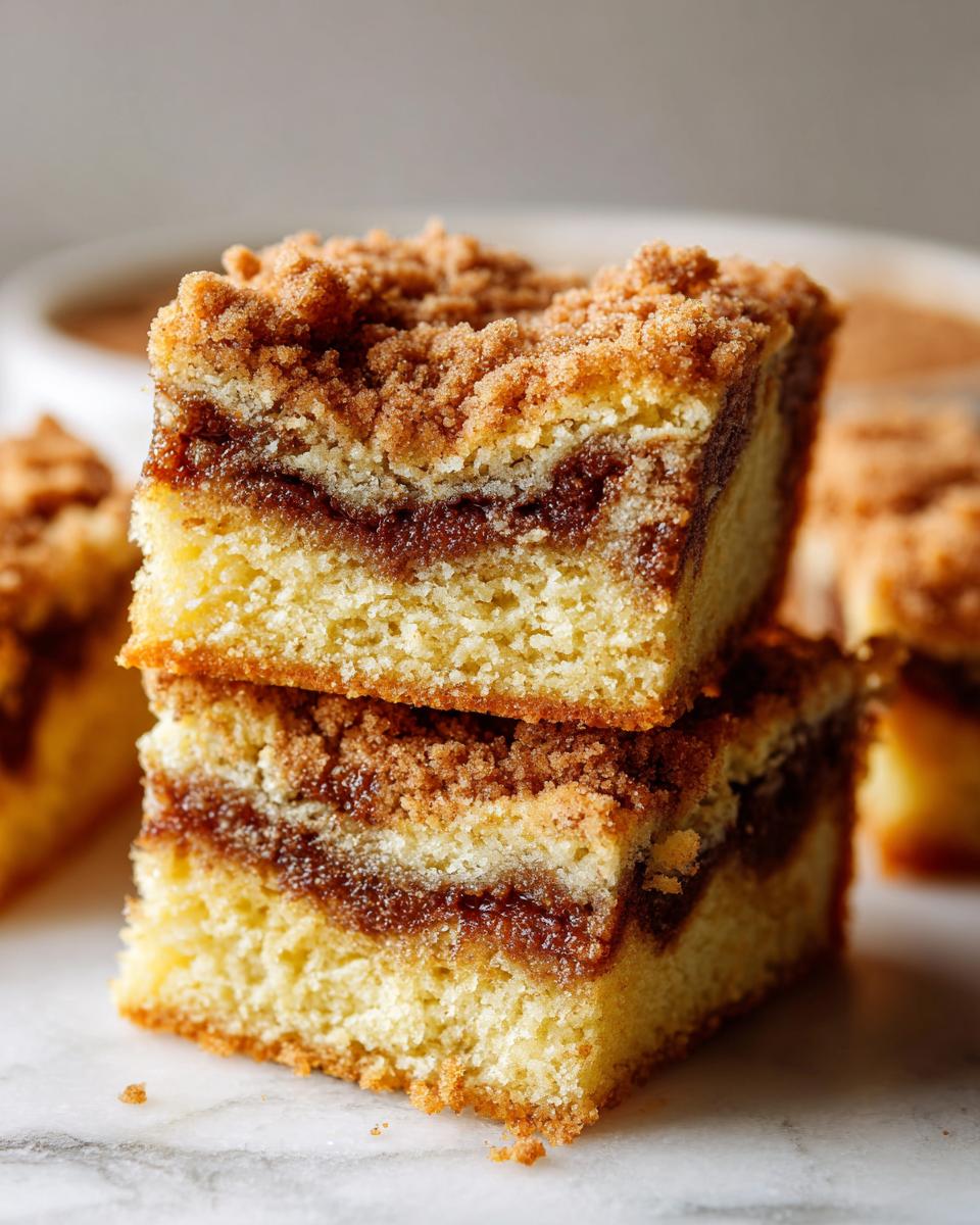 Two stacked squares of moist coffee cake featuring a thick cinnamon swirl layer and crumb topping.
