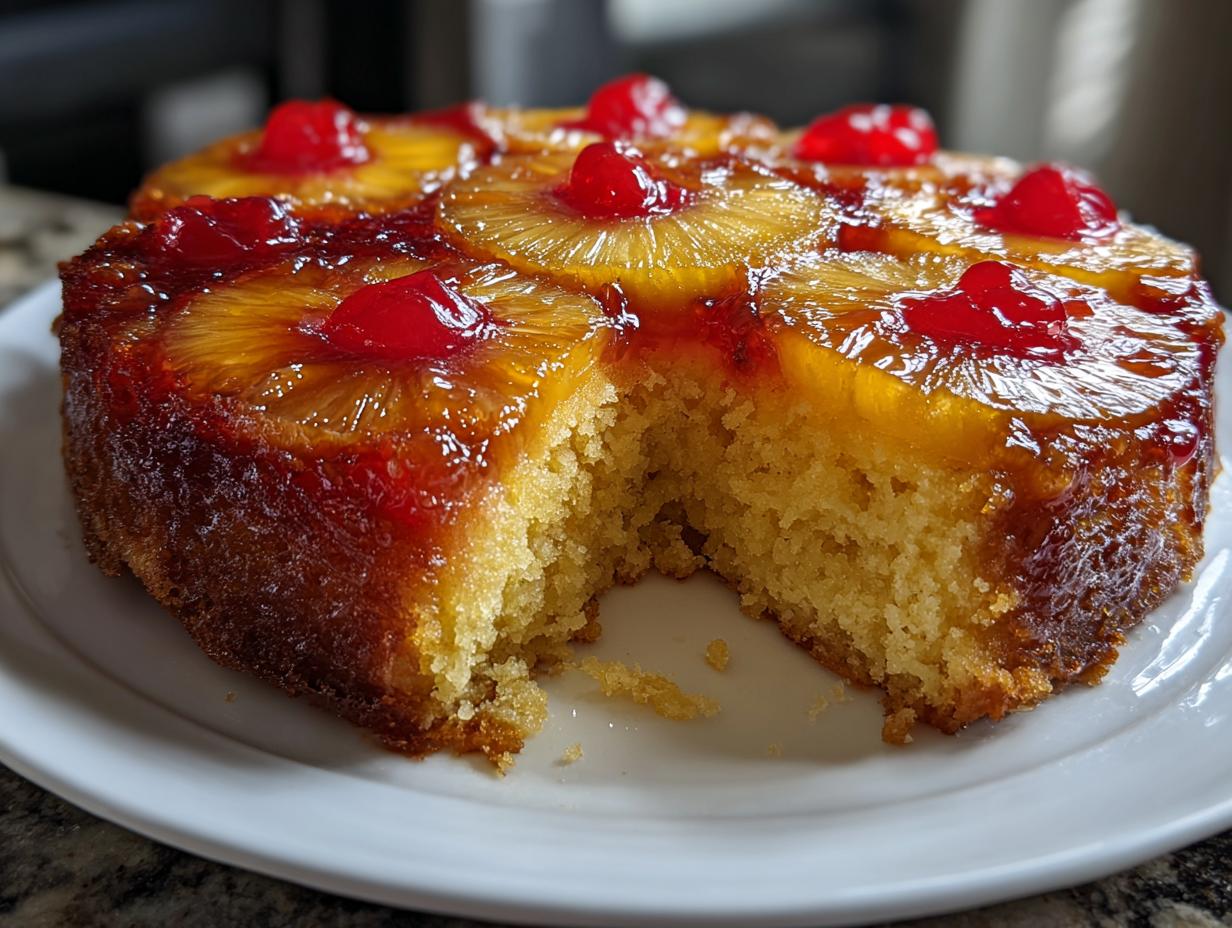 A freshly baked pineapple upside down cake with a slice removed, showing the moist crumb and caramelized topping.