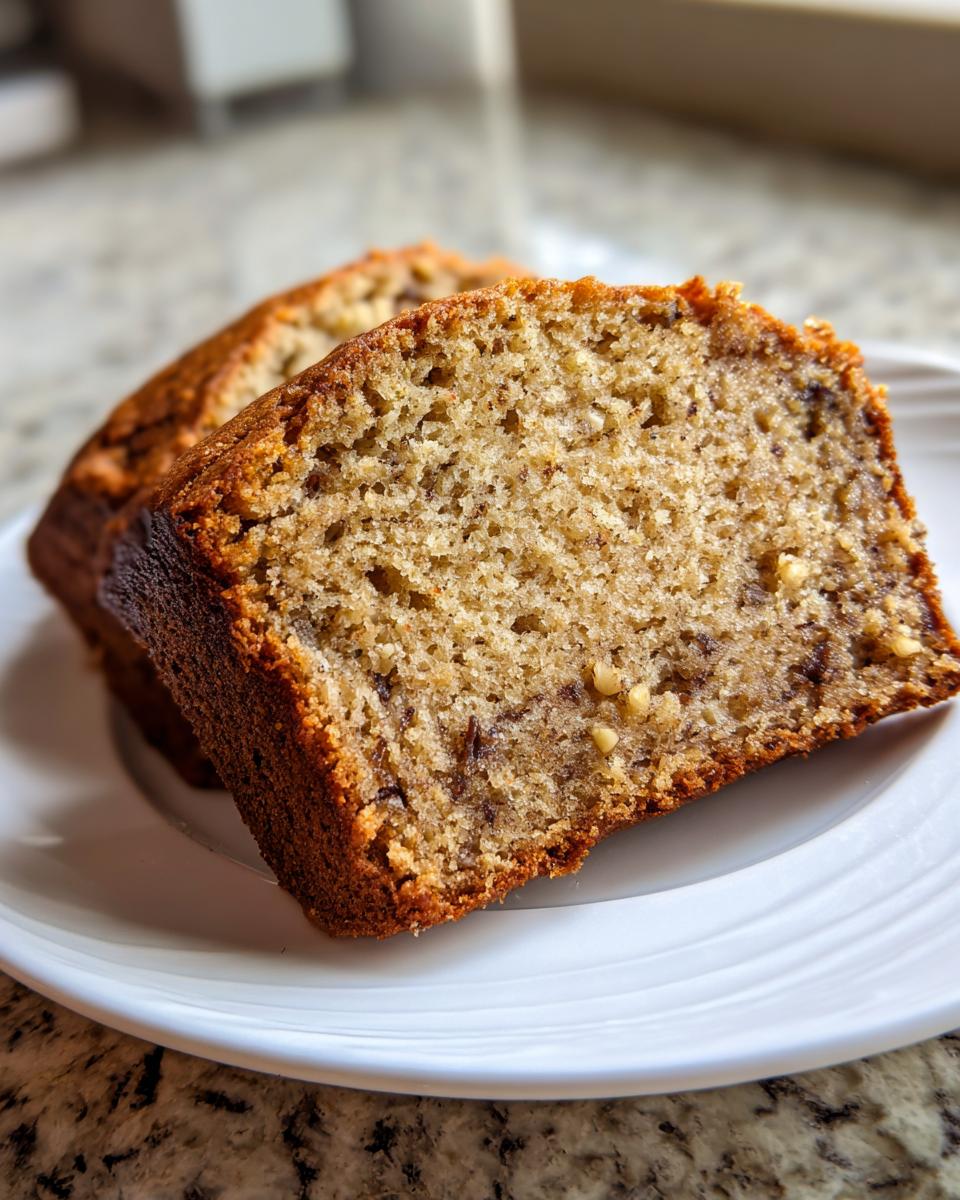 Close-up of two moist slices of sugar free banana bread on a white plate.