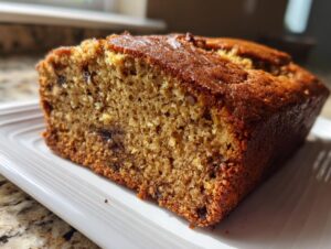 Close-up of a moist, golden-brown slice of sugar free banana bread resting on a white plate.