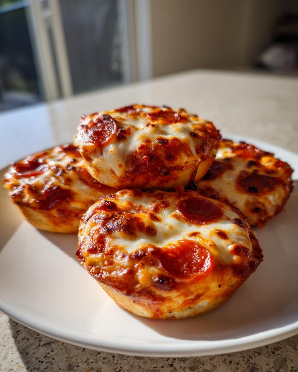 A close-up of four freshly baked pepperoni pizza muffins stacked slightly on a white plate, showing melted, bubbly cheese.