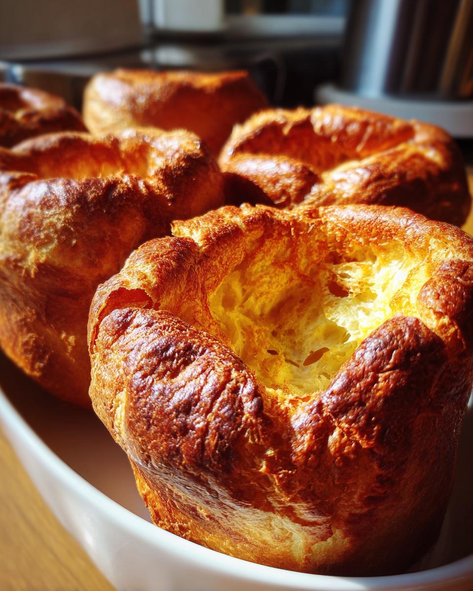 Close-up of several golden brown, perfectly risen yorkshire pudding puffs in a white serving dish.