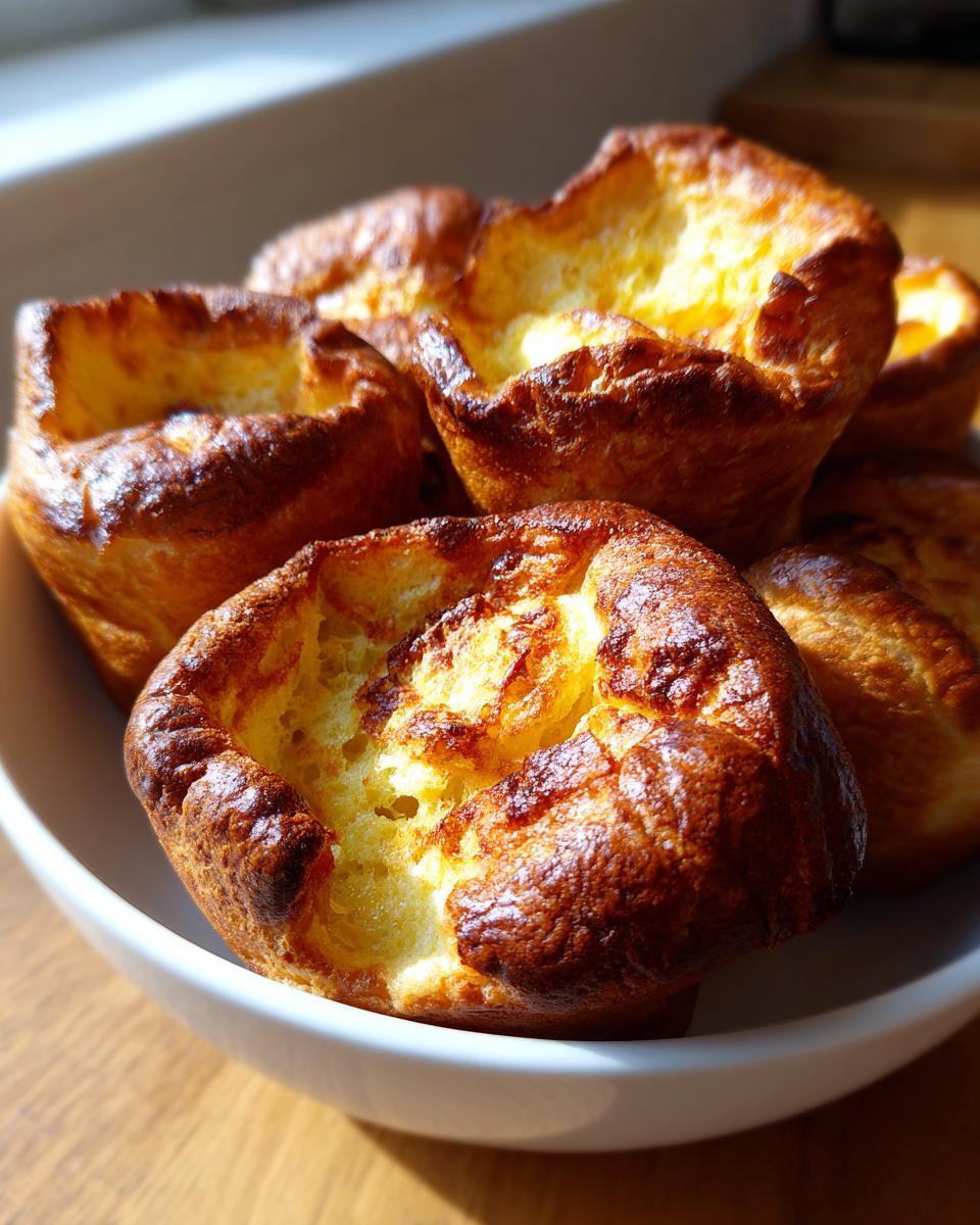 A close-up of several golden brown, perfectly risen Yorkshire pudding puffs piled in a white bowl.