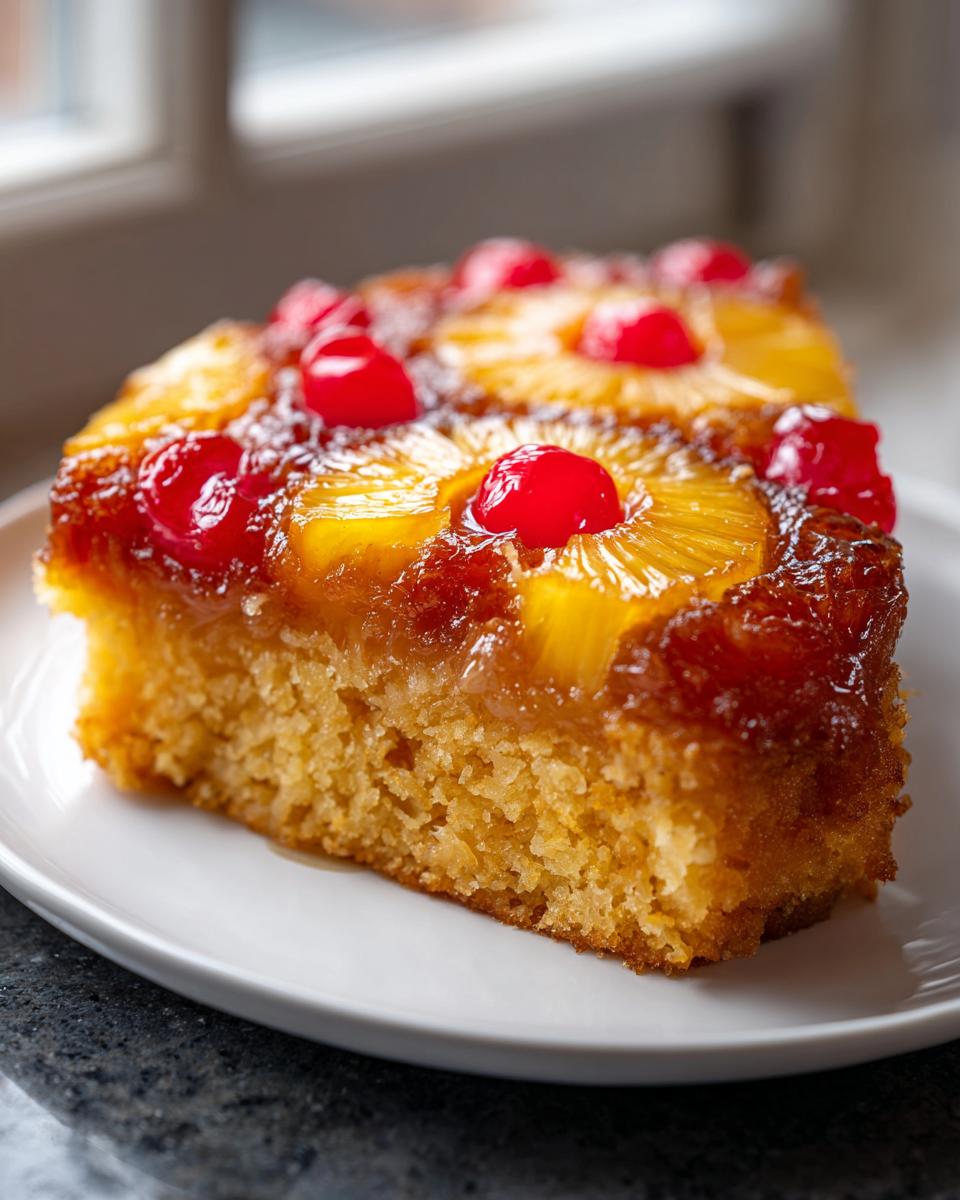 A close-up of a moist slice of pineapple upside down cake topped with caramelized pineapple rings and bright red maraschino cherries.
