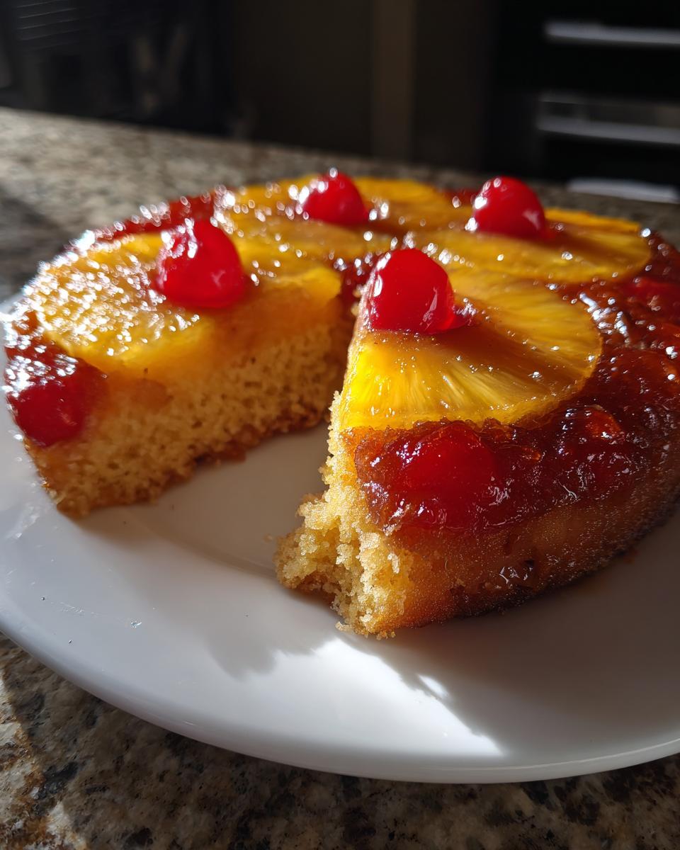 A moist slice taken from a homemade pineapple upside down cake topped with caramelized pineapple rings and maraschino cherries.