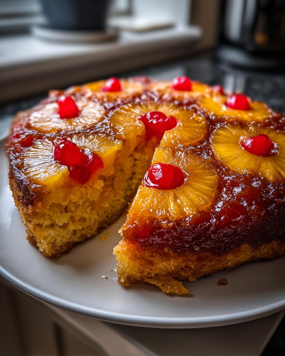 A slice cut from a homemade pineapple upside down cake topped with caramelized pineapple rings and maraschino cherries.