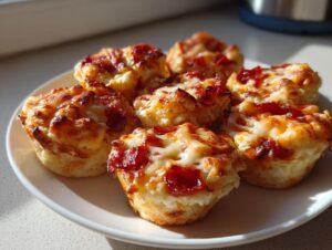 A plate holding six freshly baked pizza muffins topped with melted cheese and pepperoni pieces.