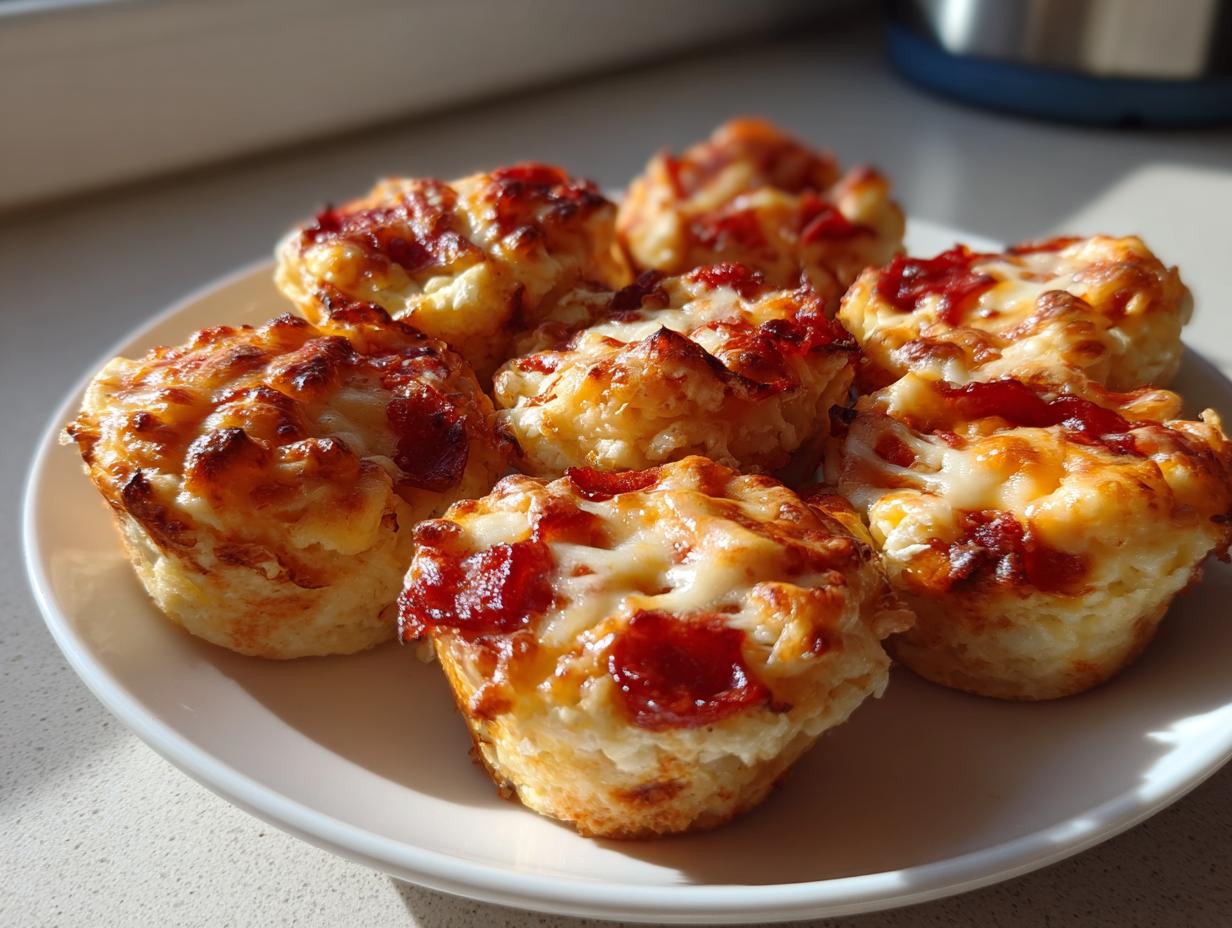 A plate holding six freshly baked pizza muffins topped with melted cheese and pepperoni pieces.