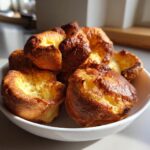 A close-up of several golden-brown, puffed yorkshire pudding resting in a white bowl.
