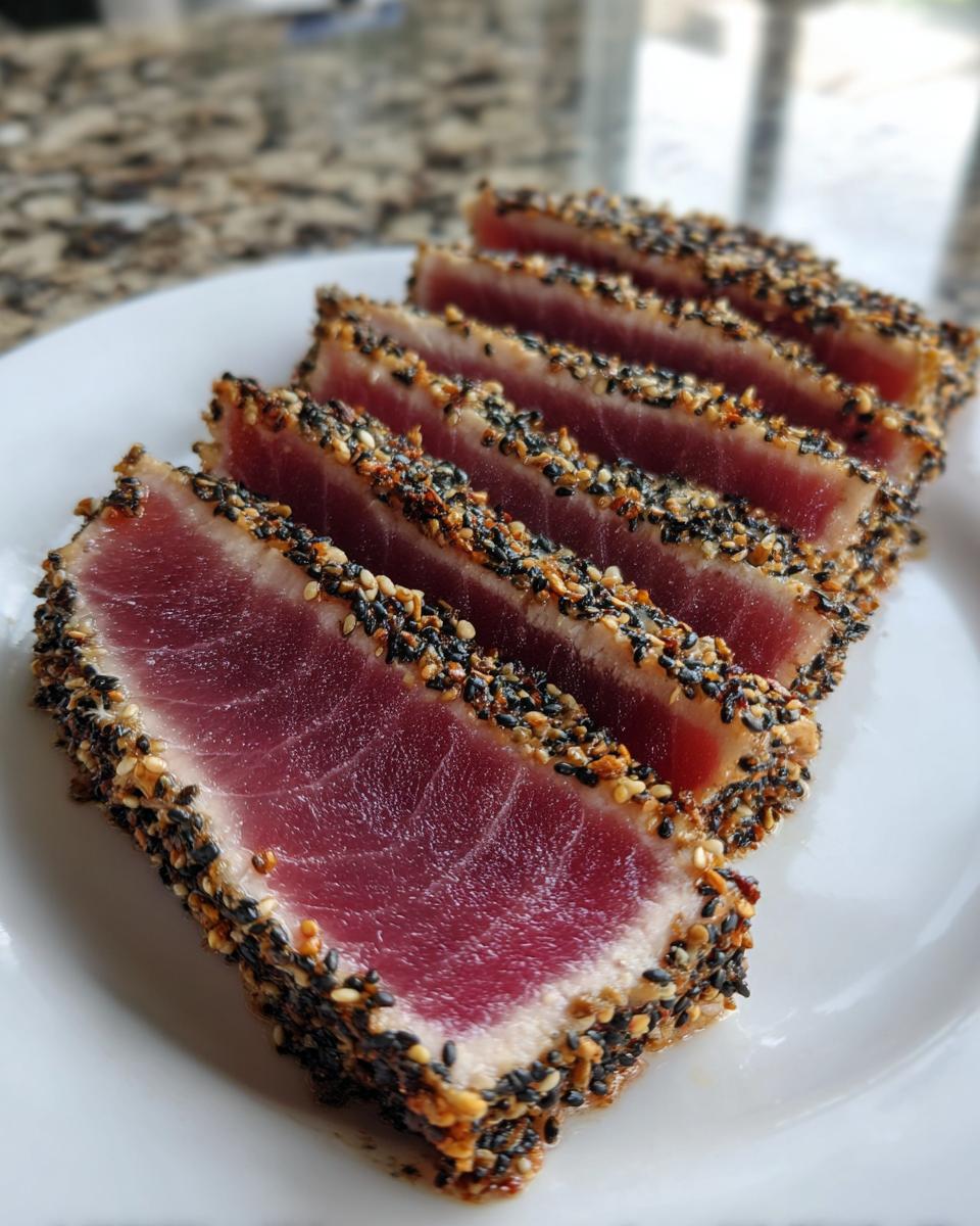 Five thick slices of perfectly seared ahi tuna, crusted with black and white sesame seeds, resting on a white plate.