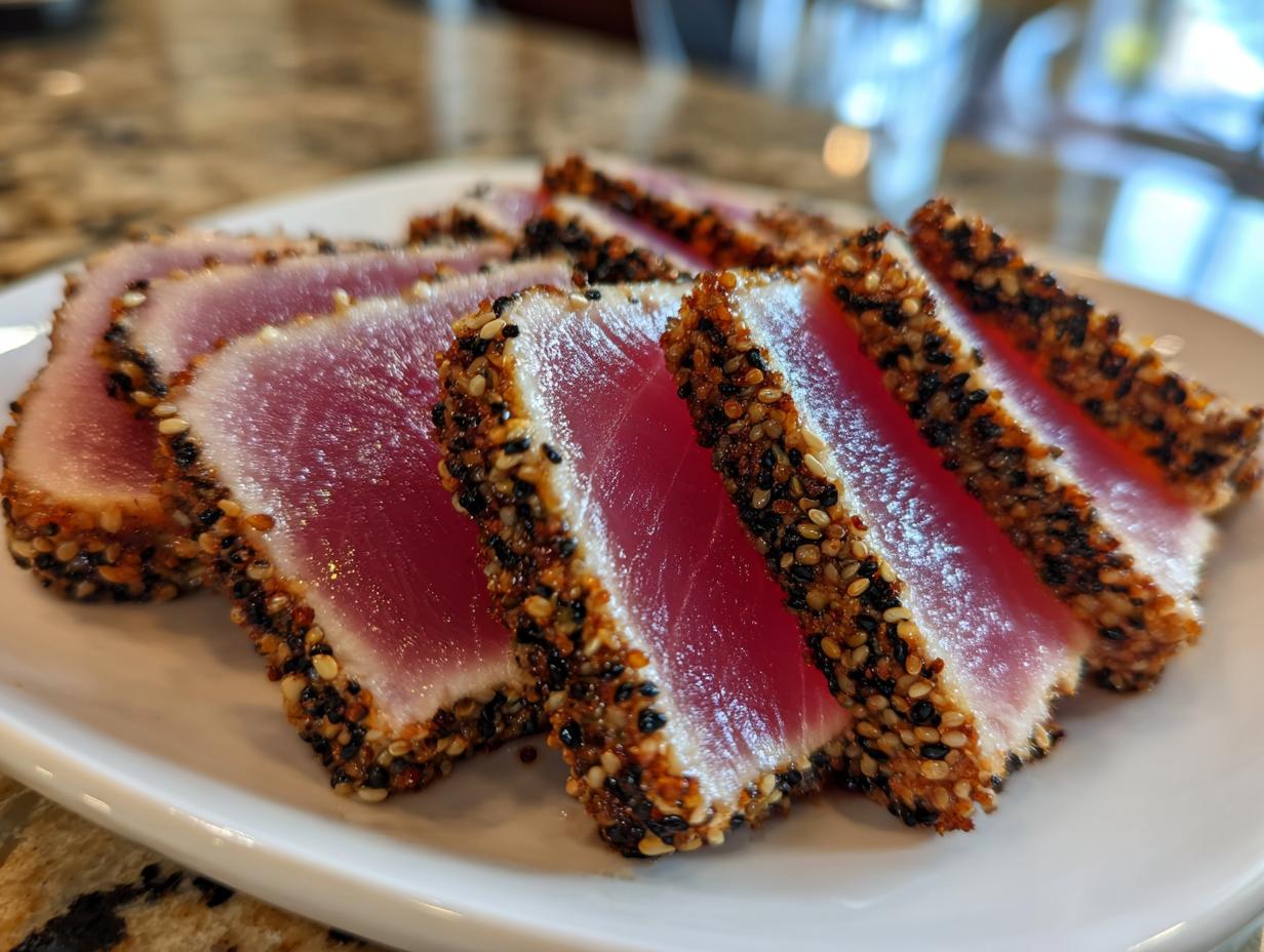 Slices of perfectly Seared Ahi Tuna, crusted with black and white sesame seeds, showing a rare, pink center.