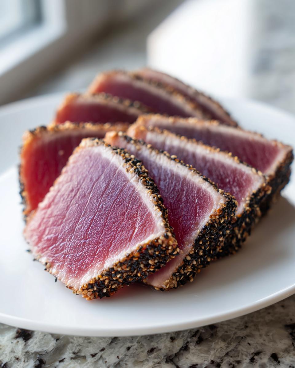 Slices of perfectly seared ahi tuna, crusted with black and white sesame seeds, showing a rare, bright red center.