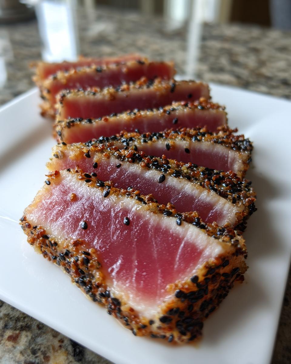 Slices of perfectly cooked Seared Ahi Tuna, crusted with black and white sesame seeds, resting on a white plate.