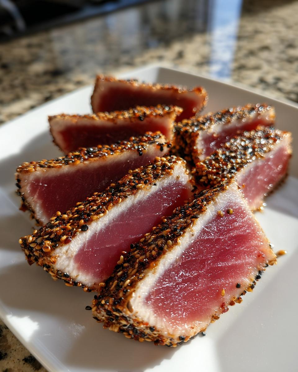 Close-up of several slices of perfectly seared Ahi Tuna, showing a bright red center and a dark sesame seed crust.