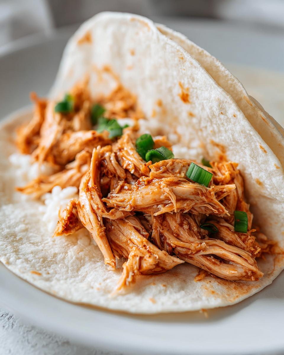 Close-up of a soft tortilla filled with saucy shredded chicken and white rice, topped with green onions for superb chicken tacos.