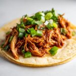 Close-up of a single corn tortilla filled with saucy, shredded chicken tacos, topped generously with fresh chopped green onions.