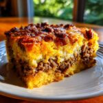 A close-up, appetizing slice of cowboy cornbread casserole showing a golden cornbread top and a savory ground meat layer.