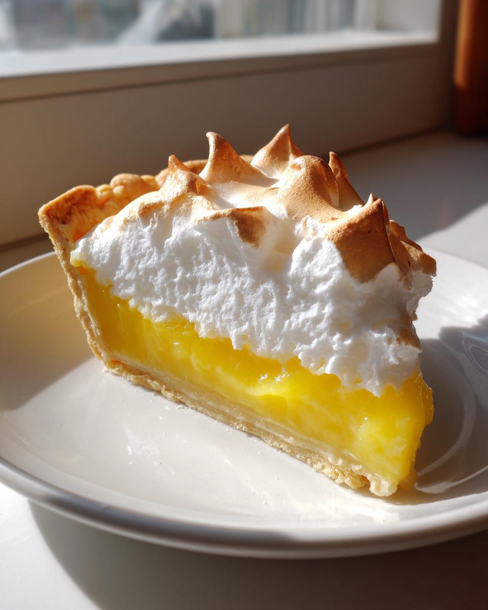 A beautiful slice of lemon meringue pie showing bright yellow filling and toasted meringue peaks.