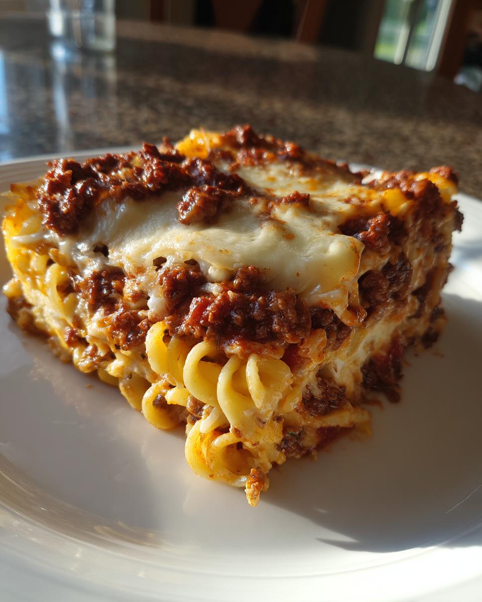 A close-up slice of 8-layer spaghetti pie showing layers of pasta, meat sauce, and melted cheese.