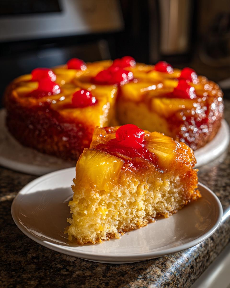 A close-up of a slice of moist pineapple upside down cake topped with caramelized pineapple and a maraschino cherry.