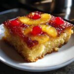 A moist slice of pineapple upside down cake topped with caramelized pineapple rings and bright red maraschino cherries.