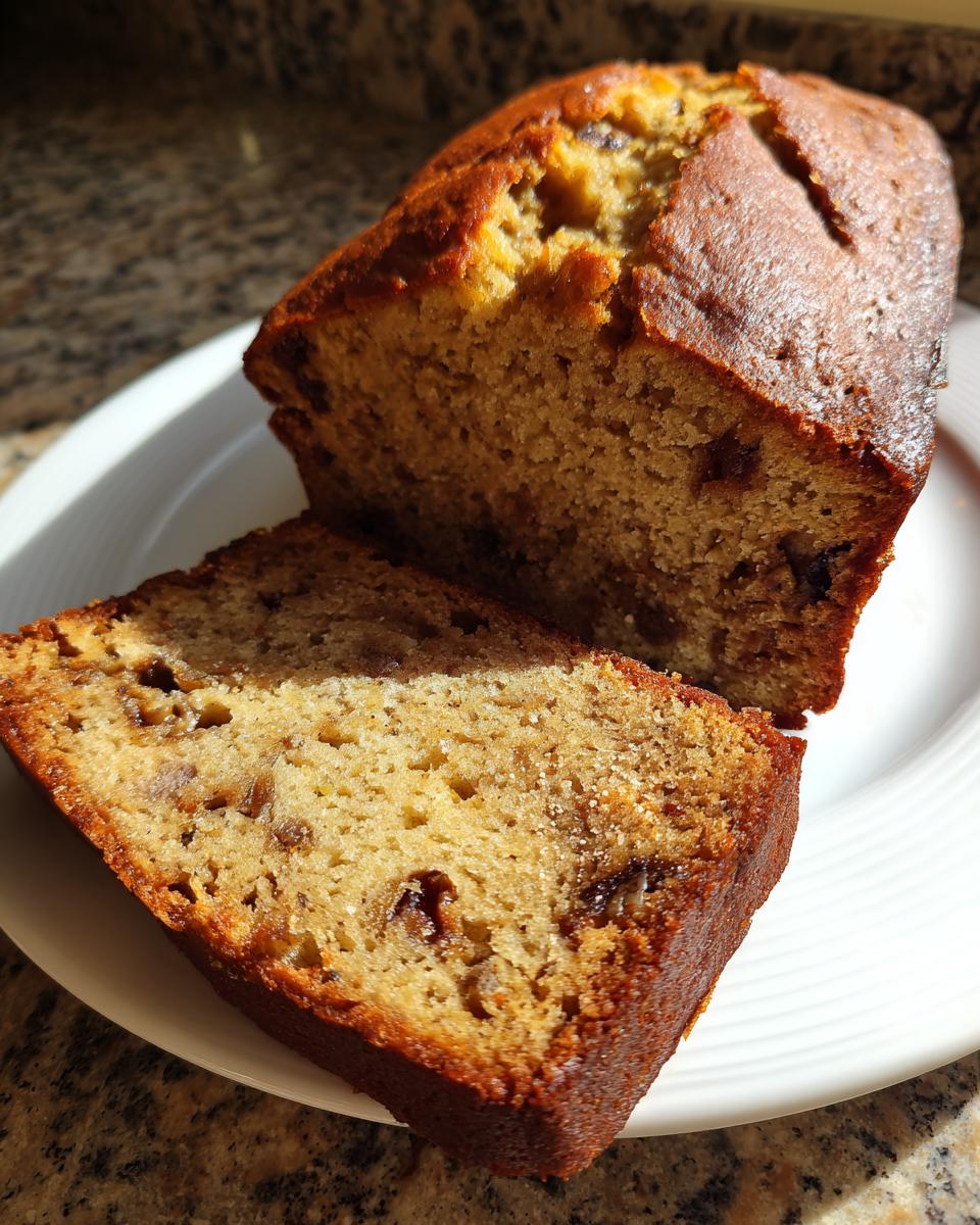 A loaf of moist sugar free banana bread, partially sliced, showing the texture and raisins inside.
