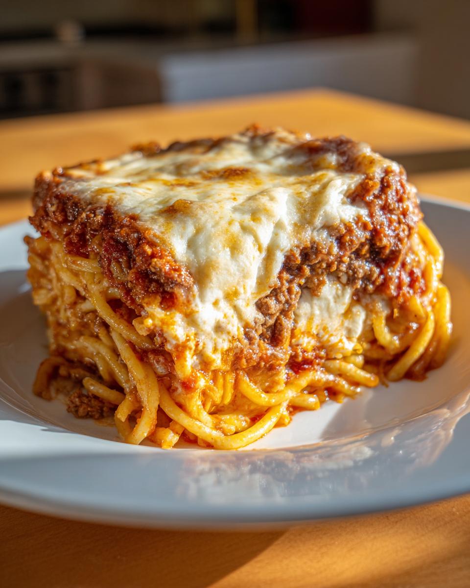 A thick, square slice of baked spaghetti pie showing layers of pasta, meat sauce, and a thick topping of melted mozzarella cheese.