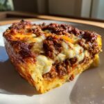 A close-up, appetizing slice of baked spaghetti pie showing layers of pasta, rich meat sauce, and melted cheese.