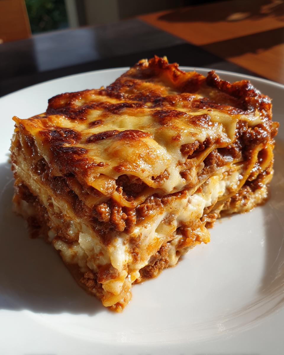 A thick, layered slice of baked spaghetti pie showing rich meat sauce and melted cheese layers.