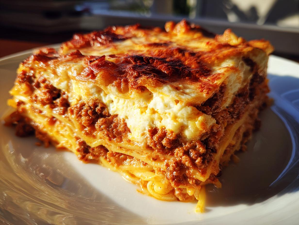 A close-up slice of baked spaghetti pie showing layers of pasta, meat sauce, and creamy cheese topping.