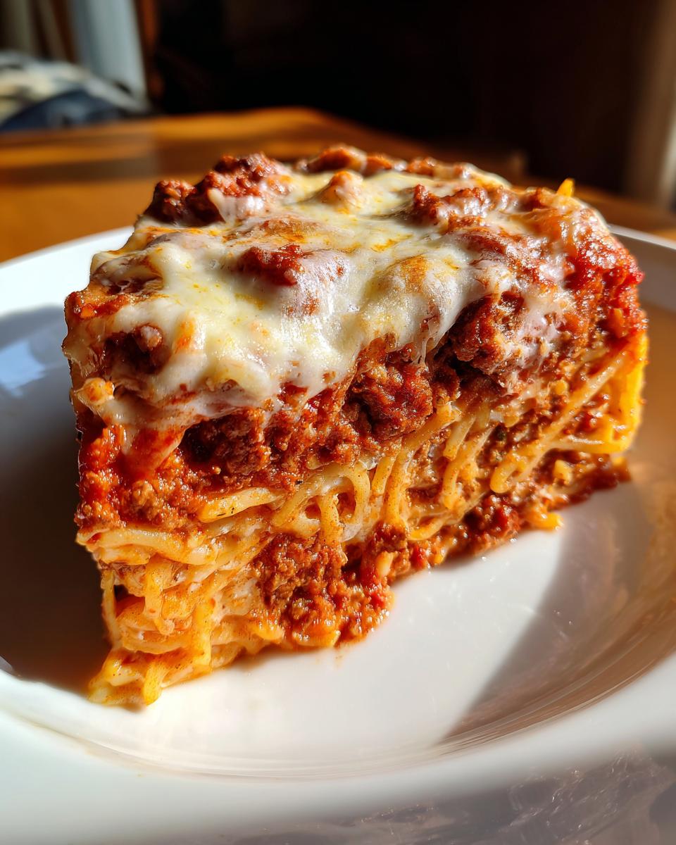 A thick slice of 8-layer spaghetti pie featuring layers of pasta, meat sauce, and a topping of melted mozzarella cheese.