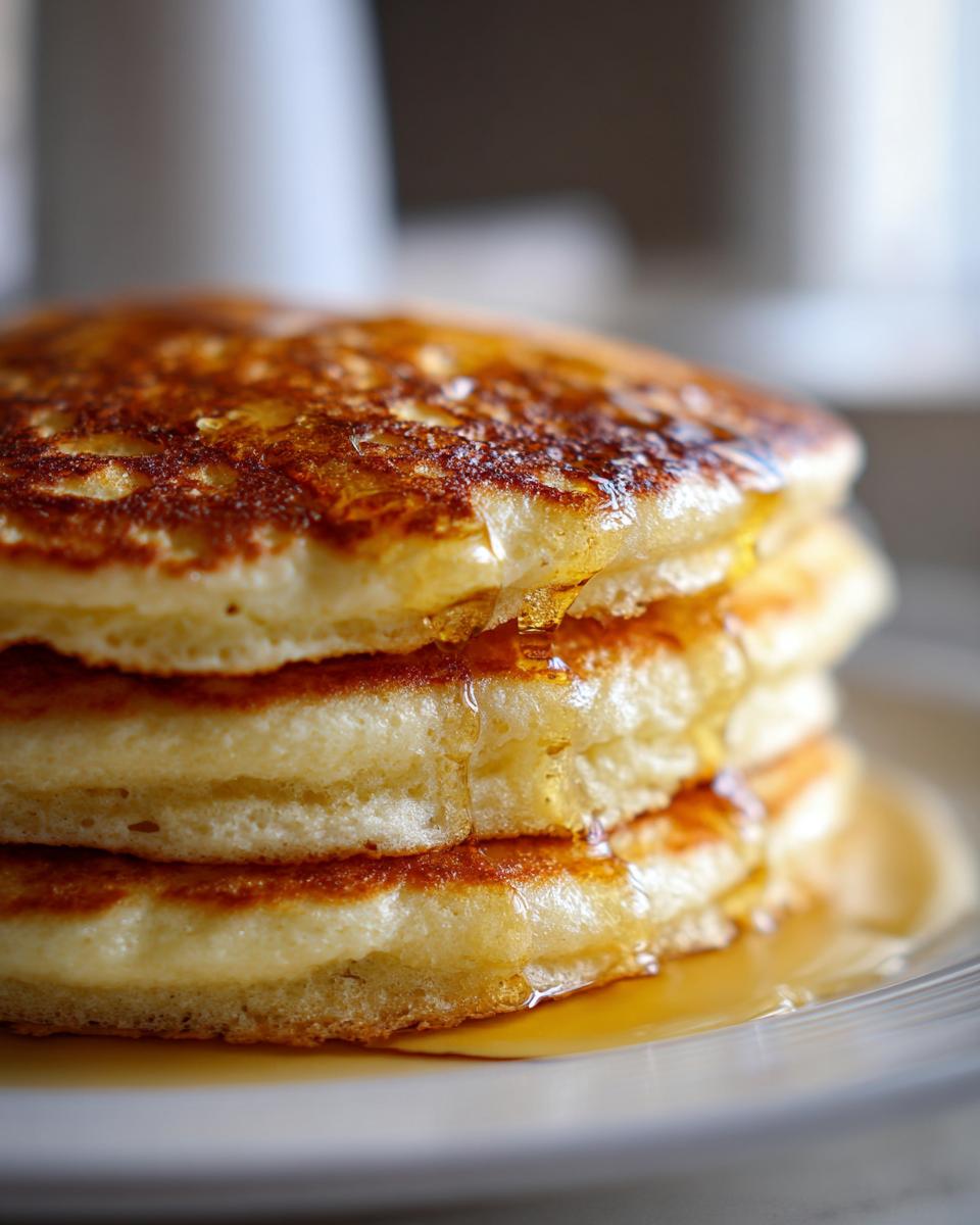 Close-up of a tall stack of golden brown, fluffy pancakes generously drizzled with syrup.