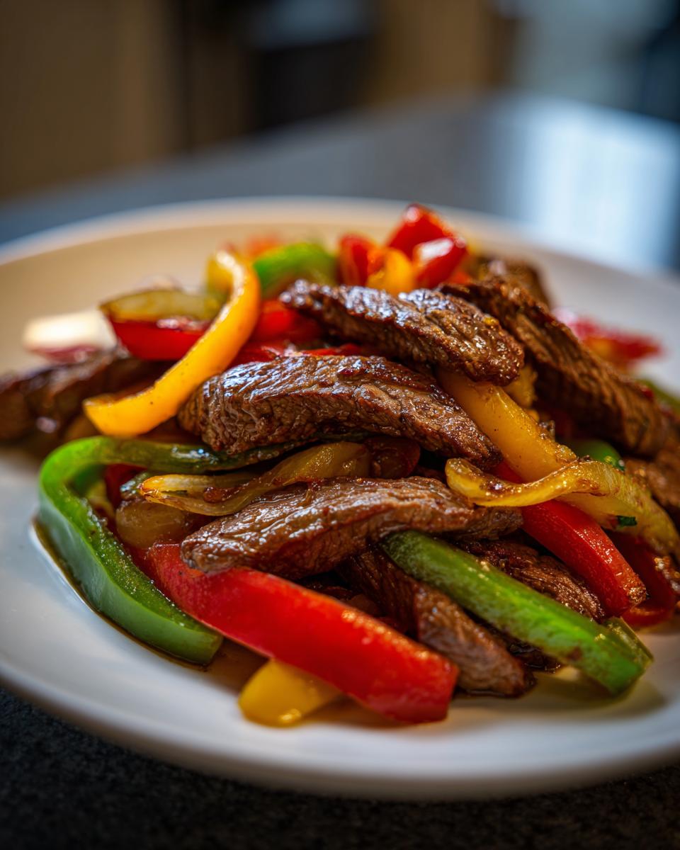 Close-up of perfectly cooked steak fajitas featuring strips of seasoned beef mixed with vibrant red, yellow, and green bell peppers.