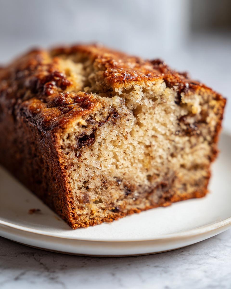 Close-up of a moist slice of sugar free banana bread showing a tender crumb and dark swirls.