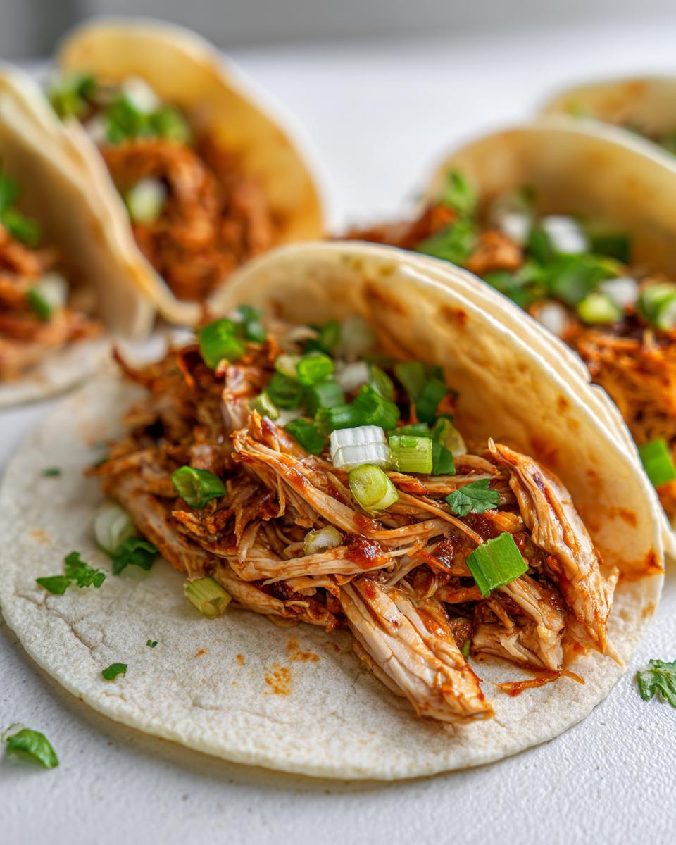 A close-up of soft tortilla filled with saucy, shredded chicken tacos, topped generously with chopped green onions.
