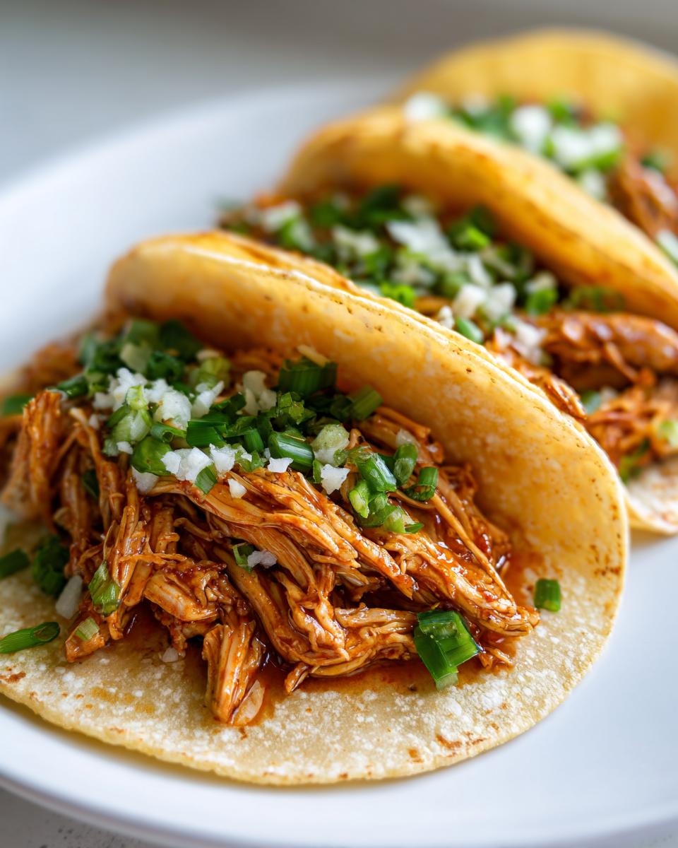 Close-up of three soft corn tortillas filled with saucy shredded chicken for superb chicken tacos, topped with diced onions and green onions.