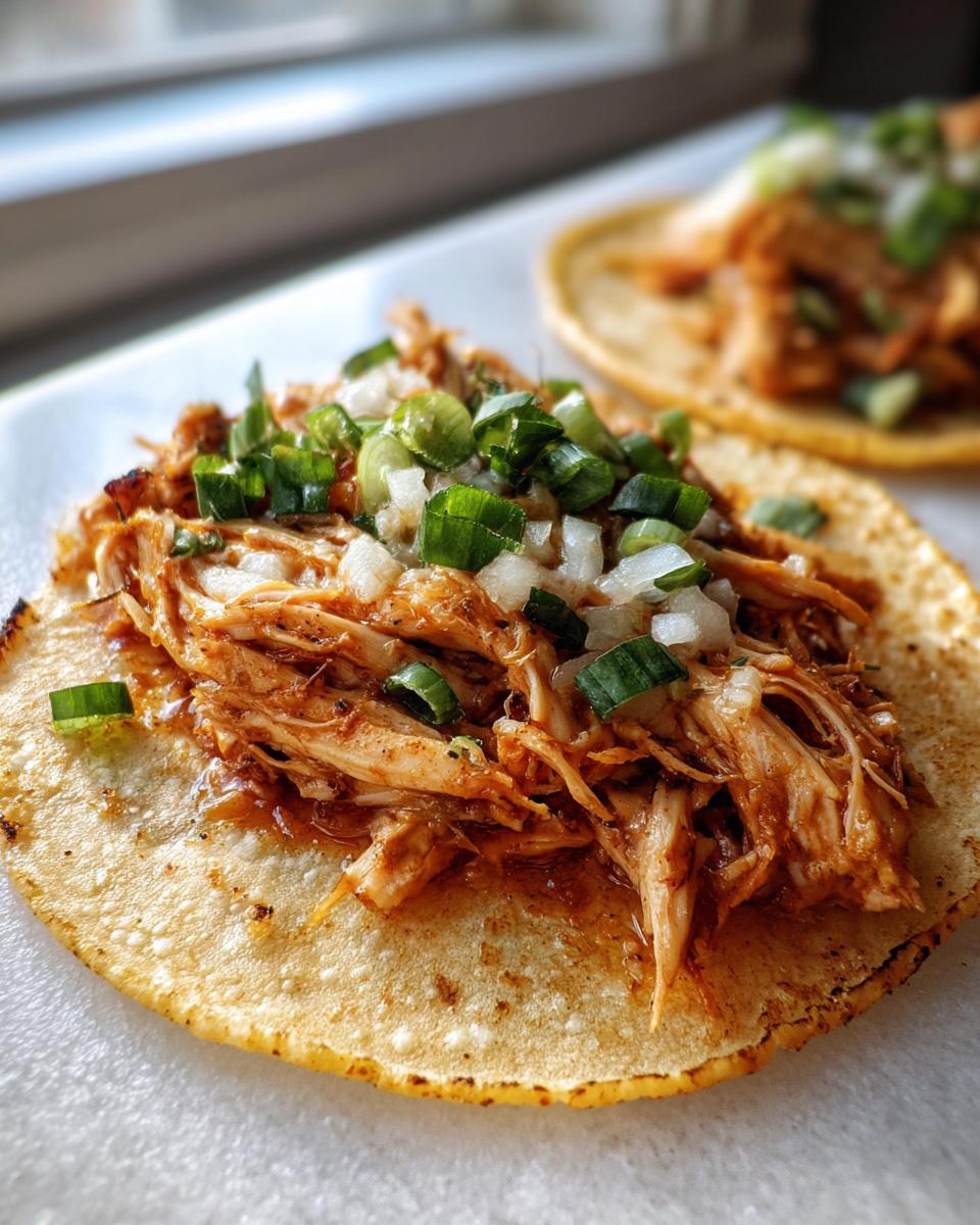 Close-up of a delicious, saucy shredded chicken tacos topped with diced white onion and green onions.