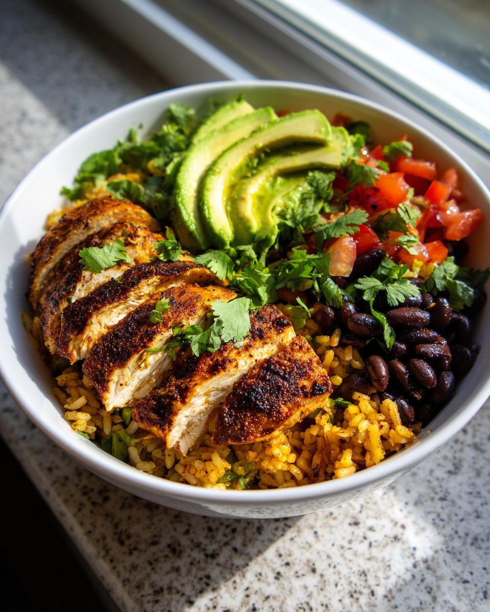 Close-up of a vibrant chicken burrito bowl featuring seasoned sliced chicken, yellow rice, black beans, avocado, and salsa.