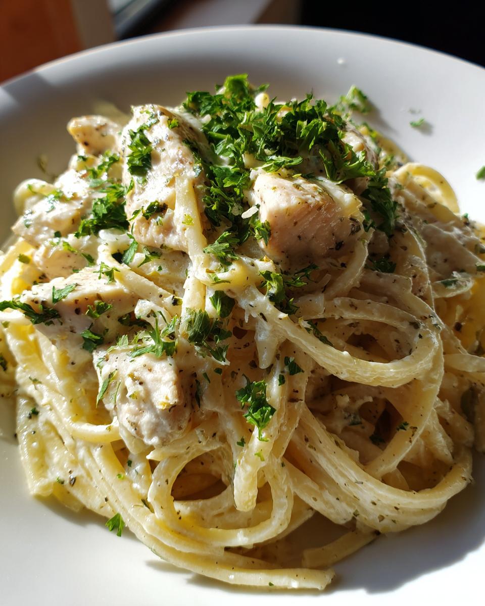 Close-up of creamy pasta with chicken chunks, coated in a rich sauce and topped with fresh parsley, showcasing the garlic parmesan flavor.
