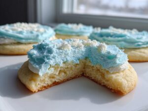 Close-up of a sugar cookie cut in half showing its soft interior and thick blue frosting topping.