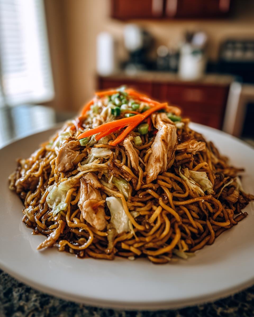 A large serving of homemade chicken chow mein recipe piled high on a white plate, topped with shredded carrots and green onions.