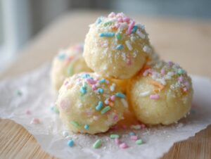 A close-up of several creamy sugar cookie truffles topped with colorful pastel sprinkles and powdered sugar.