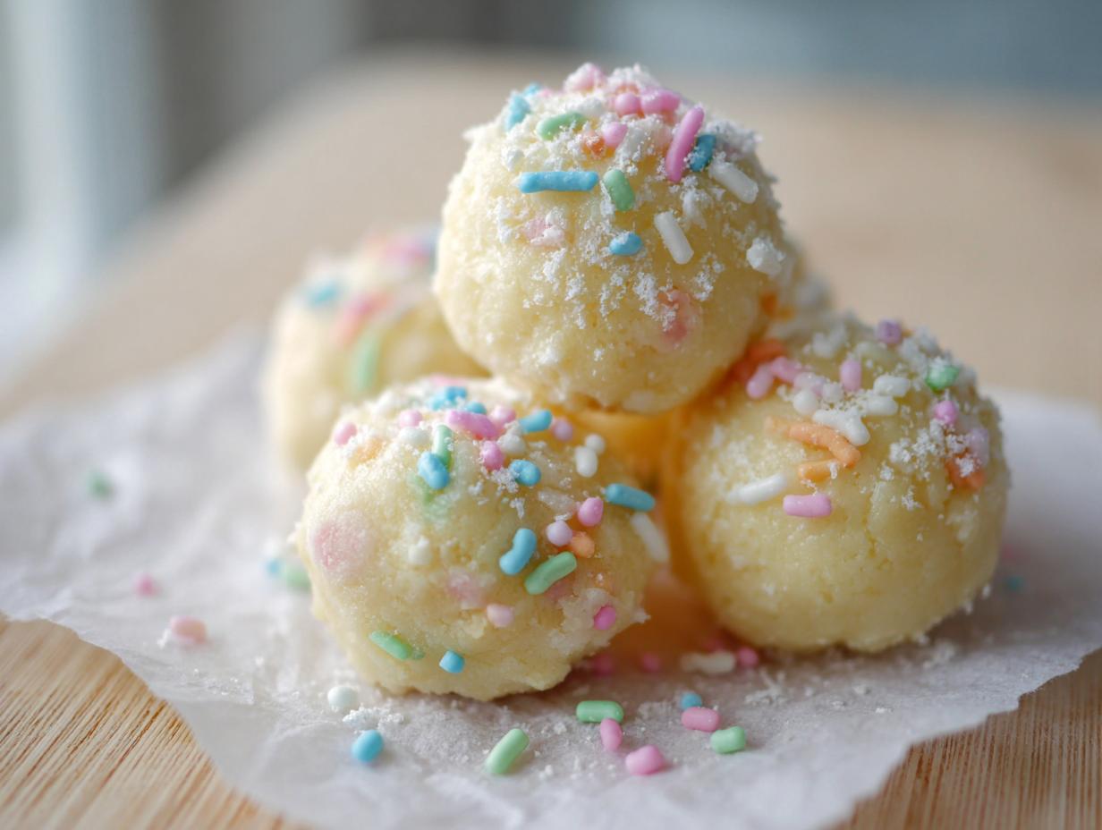 A close-up of several creamy sugar cookie truffles topped with colorful pastel sprinkles and powdered sugar.
