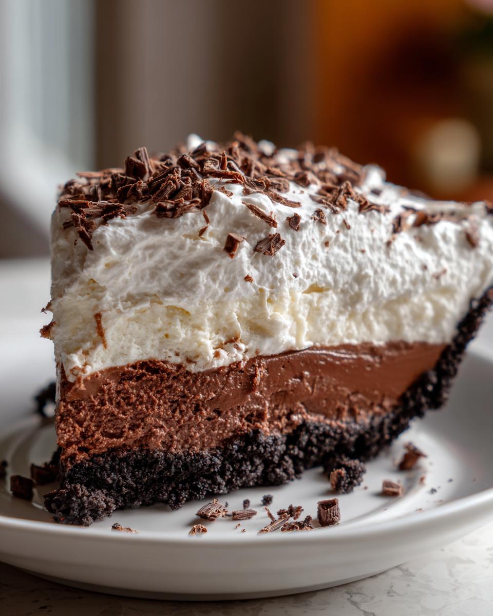 Close-up of a decadent slice of 4-layer mud pie with chocolate crust, two chocolate fillings, whipped cream, and chocolate shavings.