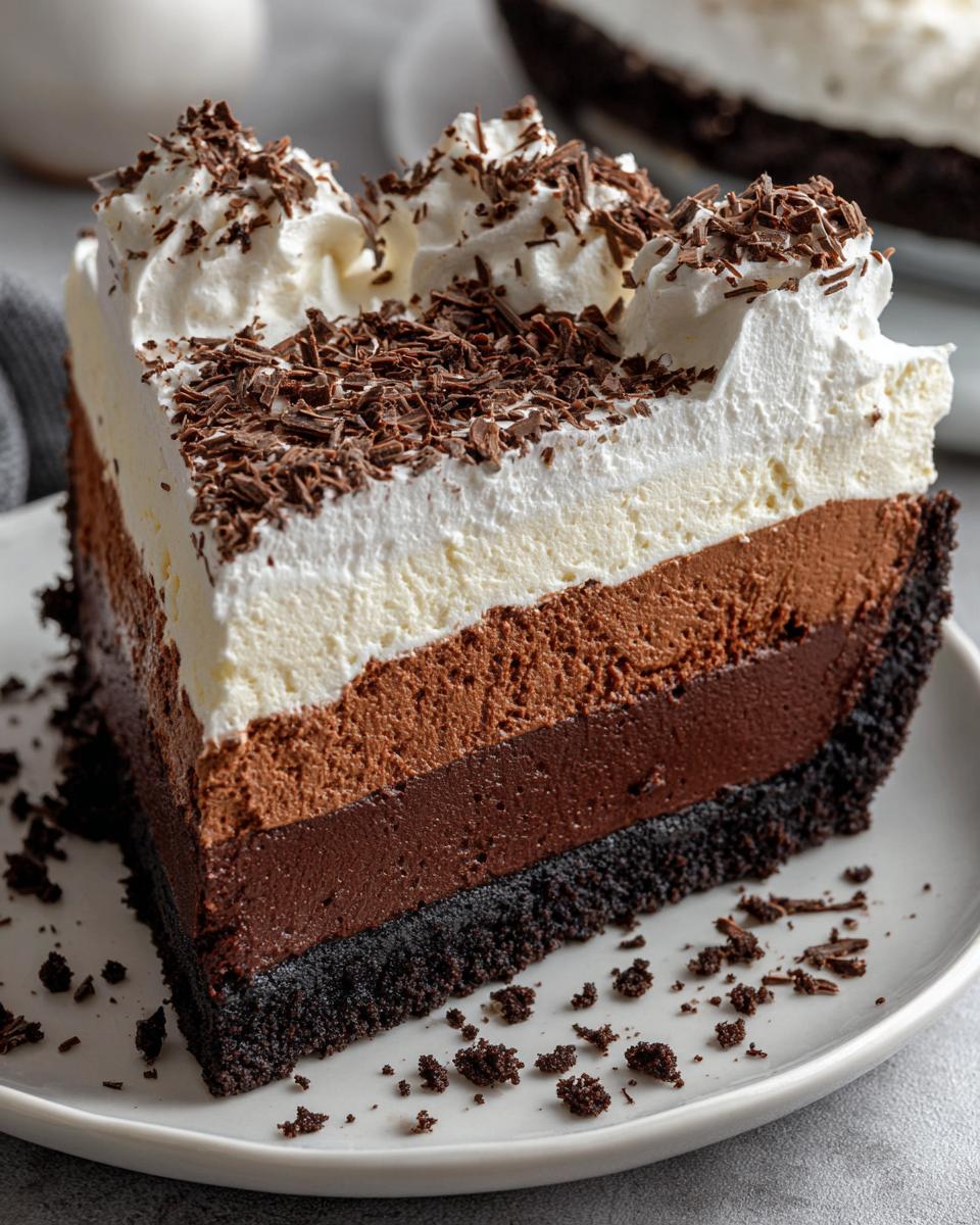 A tall slice of 4-layer mud pie with dark chocolate crust, two layers of chocolate mousse, whipped cream, and chocolate shavings.