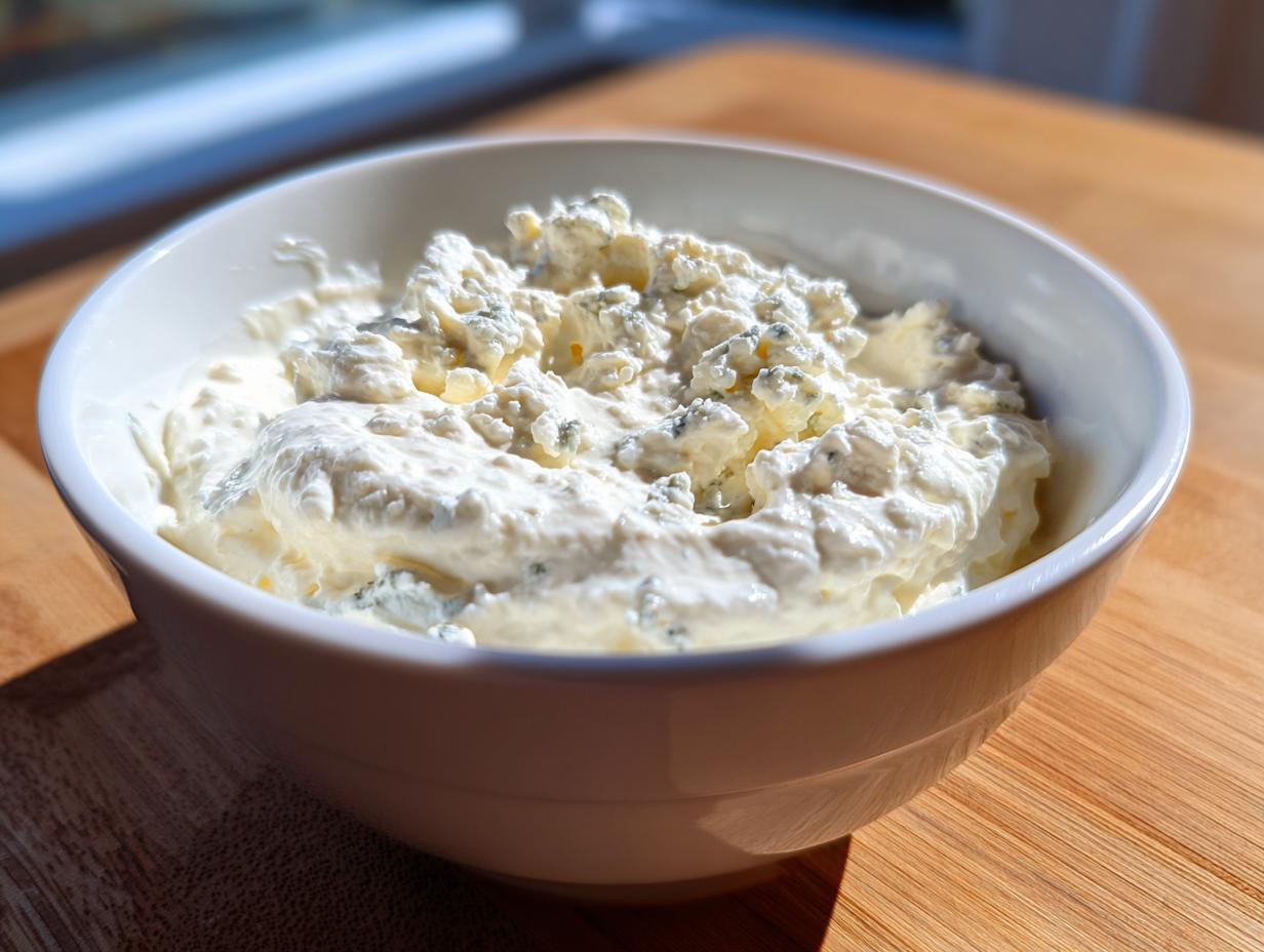 Close-up of chunky, creamy blue cheese dip topped with crumbles of blue cheese in a white bowl.