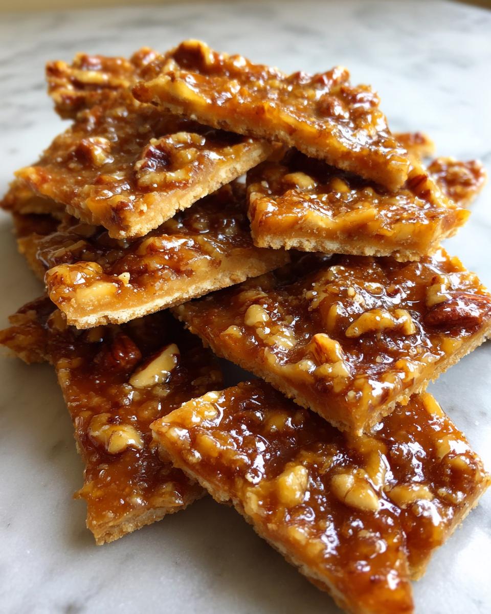 A close-up stack of shiny, square pieces of Pecan Pie Bark resting on a light marble surface.